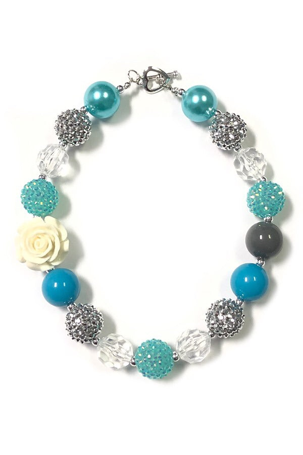 Teal Bubble Necklace with White Rose