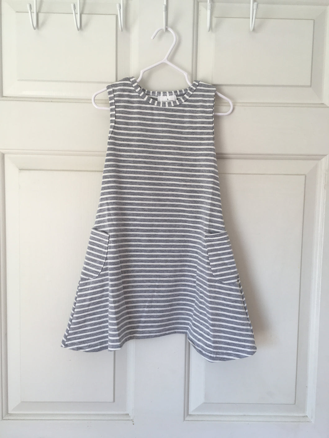Grey Stripe Dress with Front Pockets