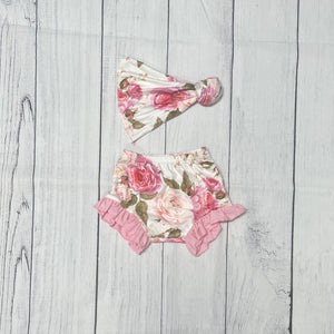 Pink Floral Ruffle Shorties with Top Knot