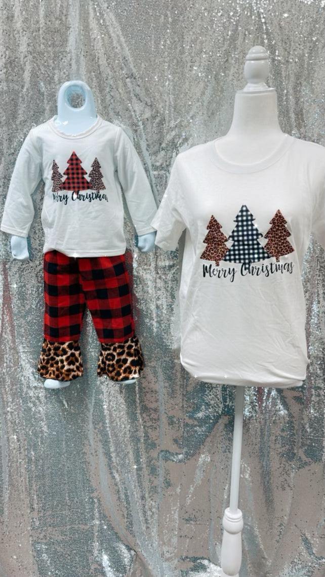 White Merry Christmas Trees Plaid & Leopard Outfit